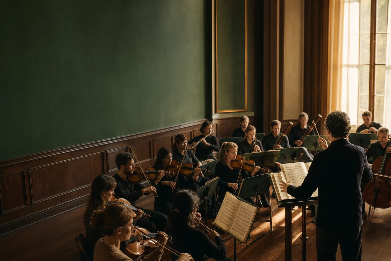 Répétition d’un orchestre autour de partitions annotées